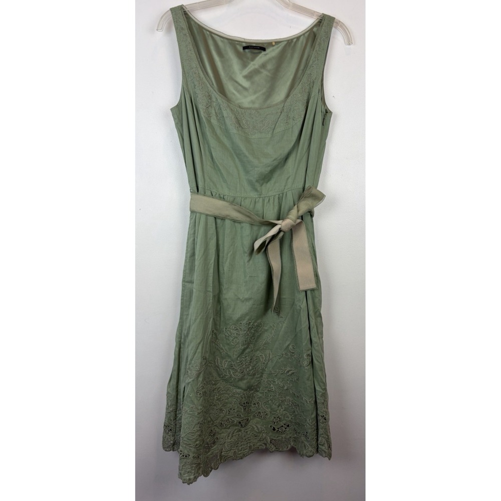 Elie Tahari Dress Womens 8 Eyelet Belted Sleeveless Silk Sage Green Preppy Read